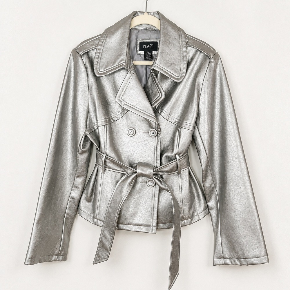 Rue21 Silver Faux Leather Moto Jacket Belted Double Breasted Y2K XL